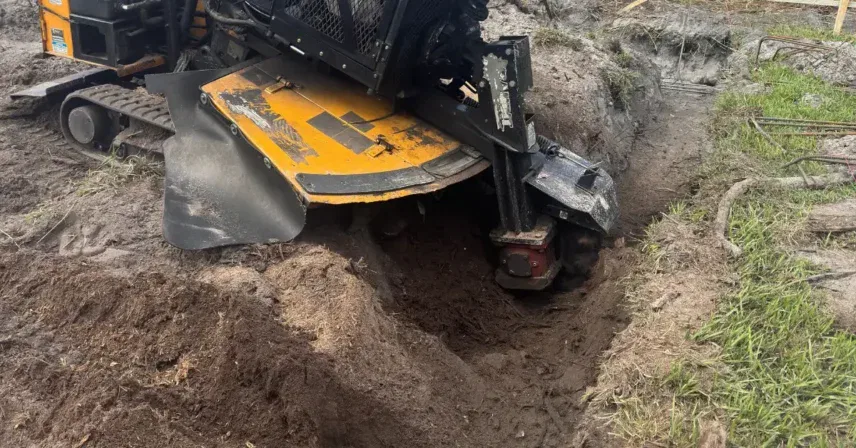 Tracked stump grinder cutting through a large stump pit with fresh mulch and soil around the work area.