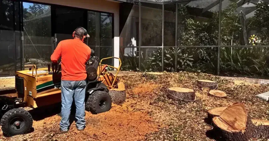 Backyard cleanup scene showing stump grinding and stump removal in Pasco County, FL